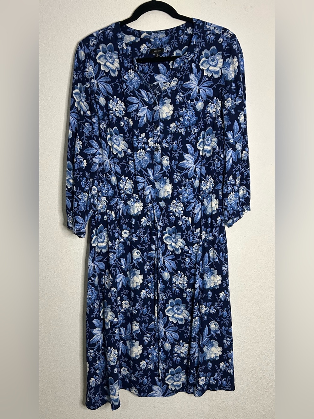 Talbots Navy Blue Floral Long-Sleeve Midi Dress